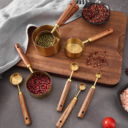 8Pcs Measuring Cups and Spoons Set - Golden Stainless Steel Measuring Cups with Wooden Handle, Metal Measuring Spoons Set Nesting Kitchen Measure Set for Kitchen/Food/Baking (8Pcs Wooden Handle)