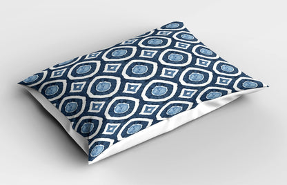 Ambesonne Asian Pillow Sham, Shibori Dyeing Style Ikat with Eastern Design Circles Diamond Shapes, Decorative Standard Queen Size Printed Pillowcase, 30" X 20", Night Blue