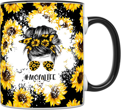 YouNique Designs Sunflower Mom Mug, 11 Ounces, Unique Mothers Day Coffee Mug from Daughter and Son, Black Handle