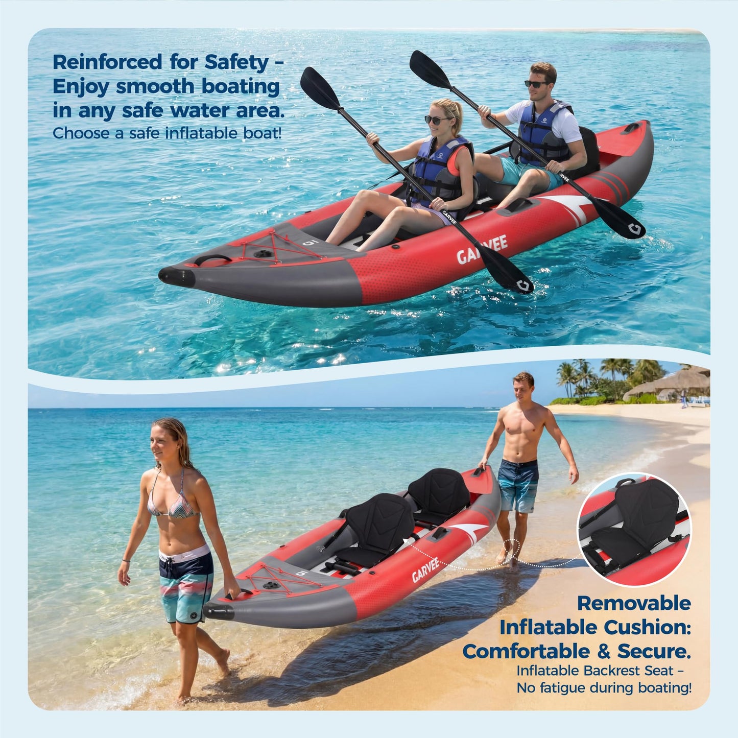 GarveeLife 2 Person Inflatable Kayak，Fishing Kayak for Adults, Portable Touring Kayaks with Padded Seat, 3 Fins, Hand Pump, Carry Bag, Repair Kit，12.5FT/450 LBS Weight Capacity