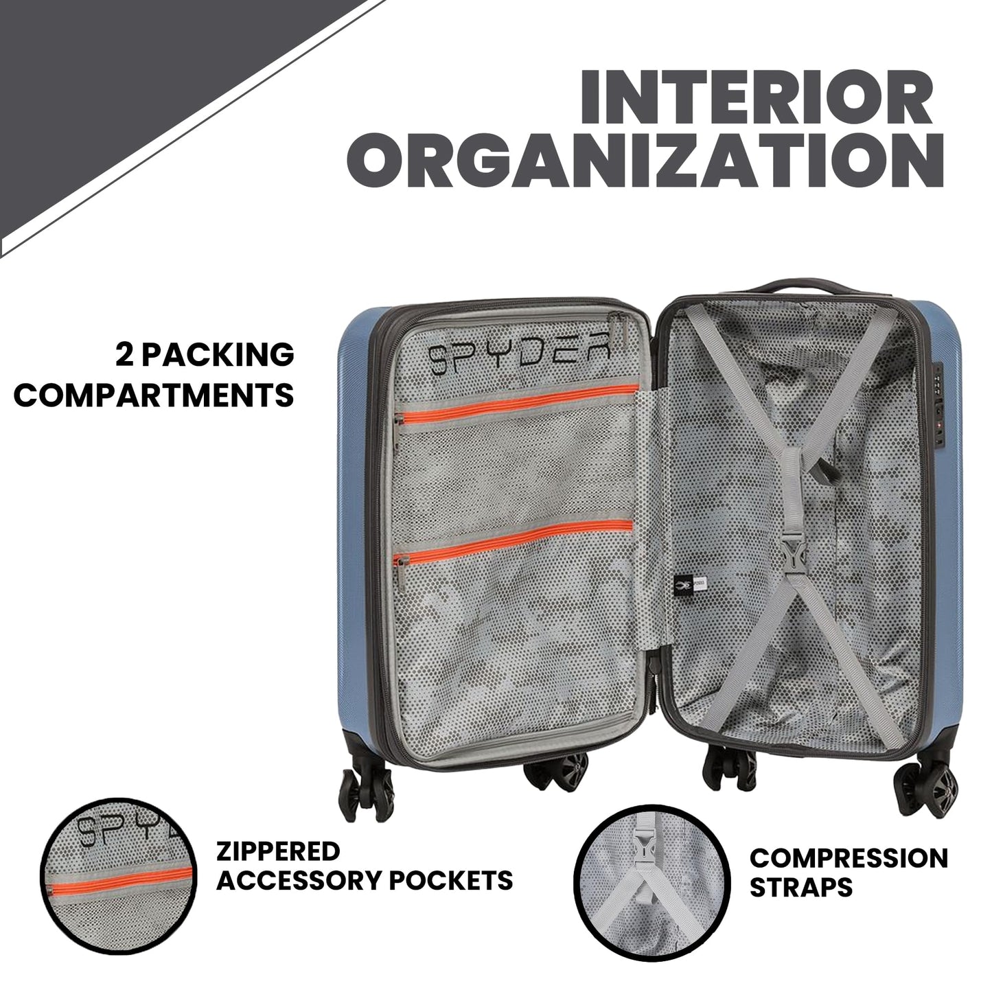 Spyder Rails Expandable Hardside Upright Suitcase with 360° Spinner Wheels, TSA Approved Lock (Denim, 3-Piece Set)