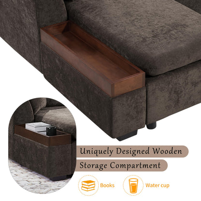Merax 93.7" L-Shaped Sectional Sofa with Wooden Storage Compartment, Chenille Upholstered Deep Seating Sleeper Couch & Chaise Lounge and Throw Pillows for Living Room, Brown
