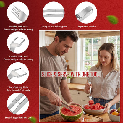 LemonRoad 2 Pcs Watermelon Cutter Slicer Set, 2-in-1 Stainless Steel Fruit Cutter with Fork & Watermelon Cutters Tool for Easy Cubes, Quickly Melon Slicer Tool Set for Home Party Camping Kitchen
