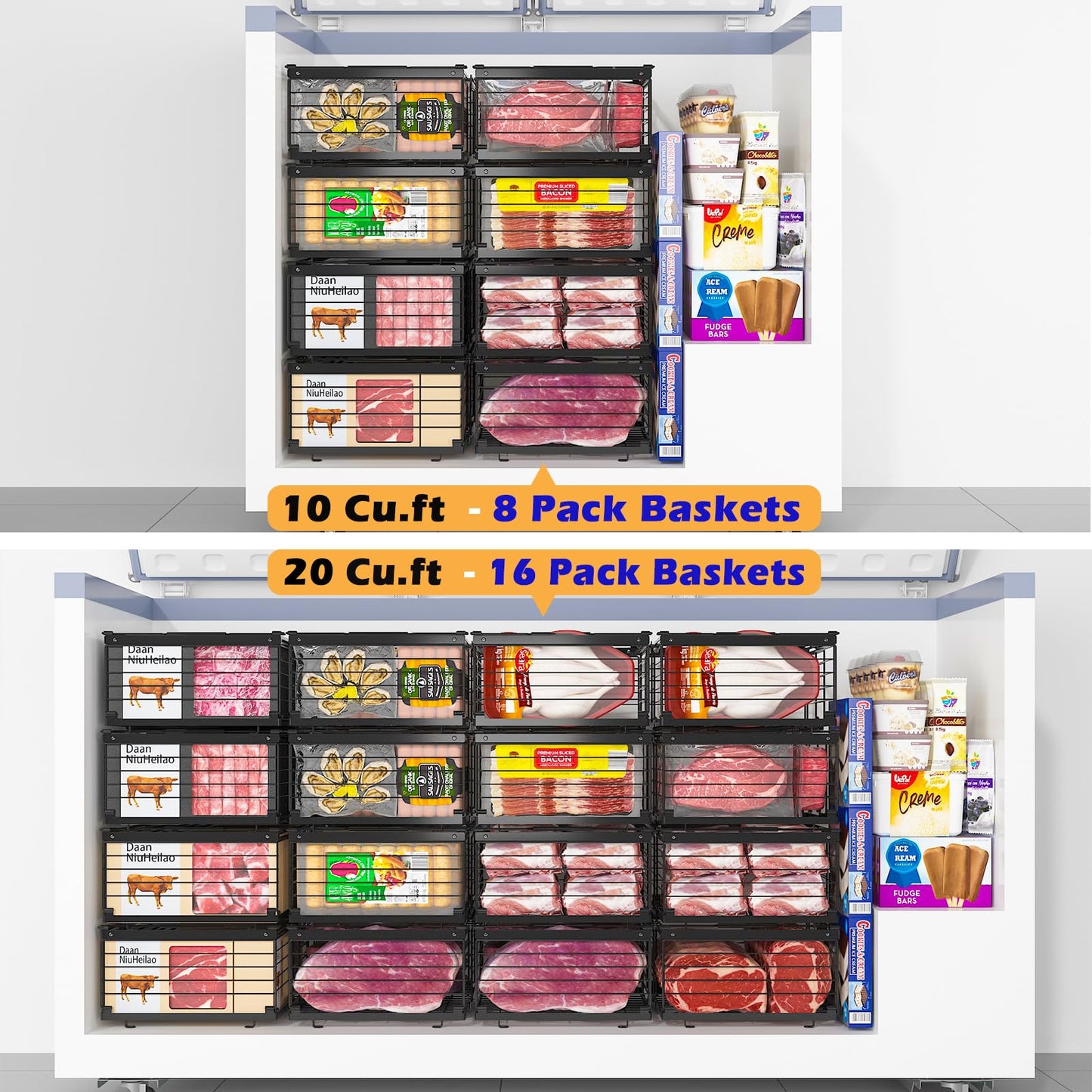 NADAMOO Freezer Organizer Bins, 2 Packs Large Expandable Stackable Chest Freezer Containers with Handle, Metal Adjustable Storage Baskets for Fridge, Deep Freezer, Cabinet, Kitchen, Pantry - Black