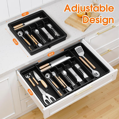 SpaceHacks Adjustable Silverware Organizer - Expandable Utensil Holder for Kitchen Drawers, Large, Black