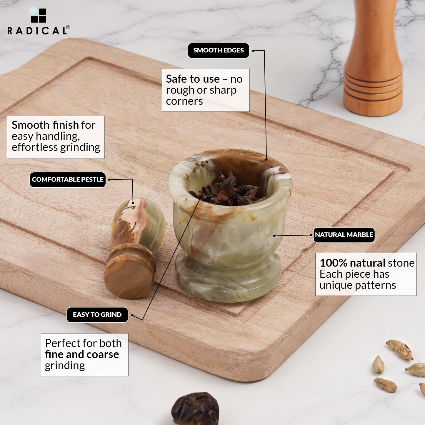 Radicaln Marble Mortar and Pestle Set Green 2.5" Inches Handmade Garlic Crusher & Grinder Bowl, Mini Mortar and Pestle for Kitchen - Herb Grinder Spice Grinder