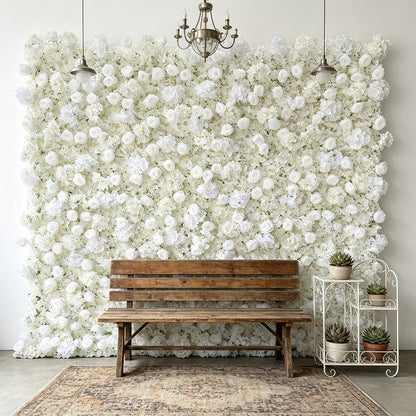 5D Artificial Silk Rose Flower Wall Backdrop, Exquisite White Floral Wall, 8×8 Ft, Quick Installation & Easy Storage, Reusable, Suitable for Weddings, Birthday Parties and Home Decor, Without Stand.