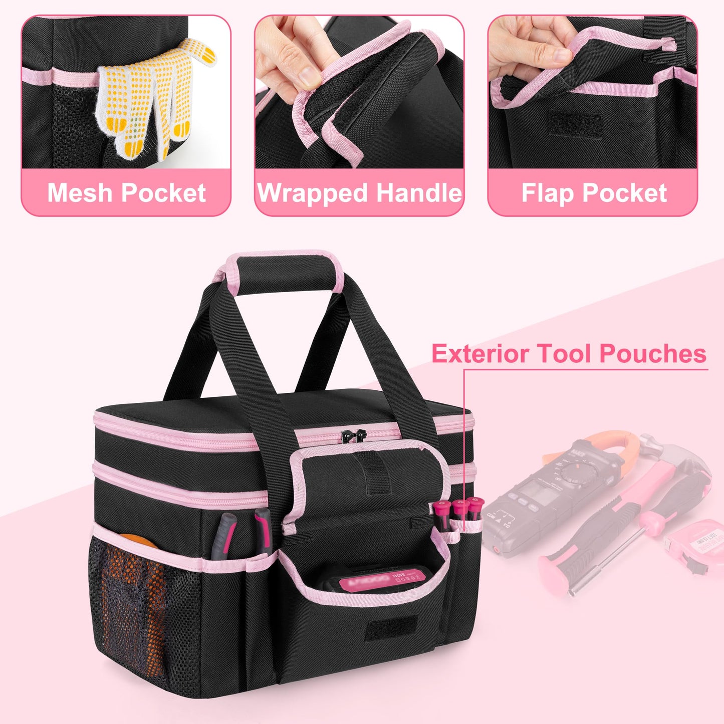 Trahzia Tool Tote Bag for Women, Double Layer Tool Storage Organizer Bag with Divider for Electrician, Carpenters, Repairman, Black