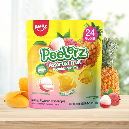 Amos Peelerz Assorted Peelable Gummy – Tropical Peeling Candy Variety Pack | Mango, Lychee & Pineapple | 24 Individual Packs (608g) | Fun, Chewy & Shareable Treat