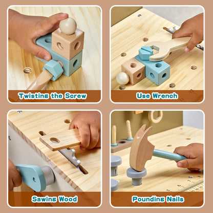 Kids Tool Set,Wooden Tools Bench with Apron Toddler Toy Workbench with Realistic Tools Electric Drill STEM Construction Toy Gifts for Age 3-9 Boys Girls