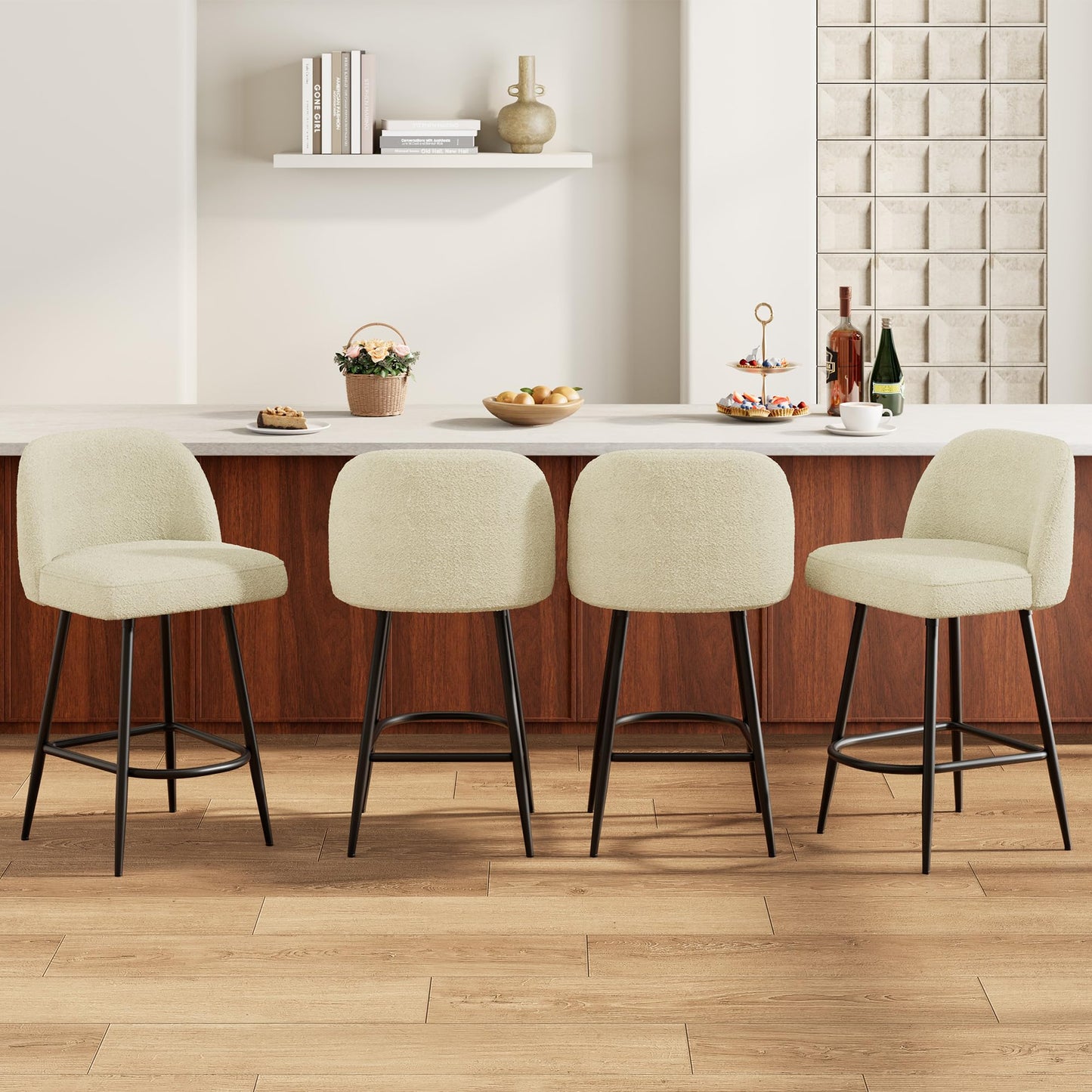 IDEALHOUSE Counter Height Bar Stools Set of 4, 26" Modern Upholstered Barstools with Backs and Metal Legs, Faux Sherpa High Chairs with Arc Metal Footrest for Kitchen Island, Beige