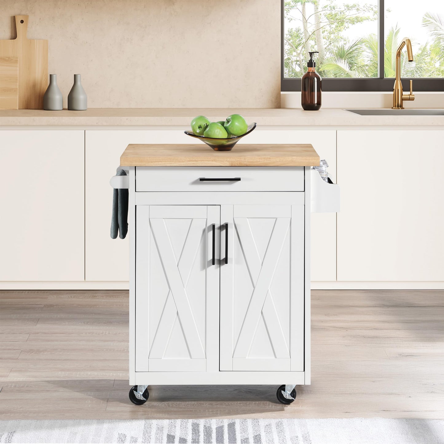 OSP Home Furnishings Bolten Farmhouse Kitchen Cart with Butcher Block Top, Rolling Island with Storage Cabinet and Drawer, 35.5H x 32W x 19D inches, White