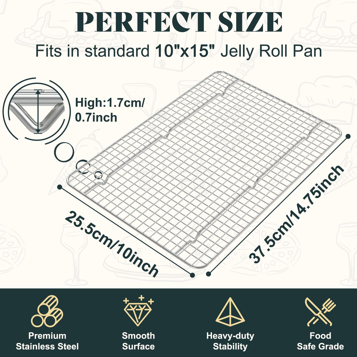 Cooling Racks for Cooking and Baking - 10"x14.75" Oven Safe Premium Stainless Steel Heavy Duty Baking Rack Tight-Wire, Fits Jelly Roll Pan Rack for Roasting & Grilling & Cooking - Set of 2