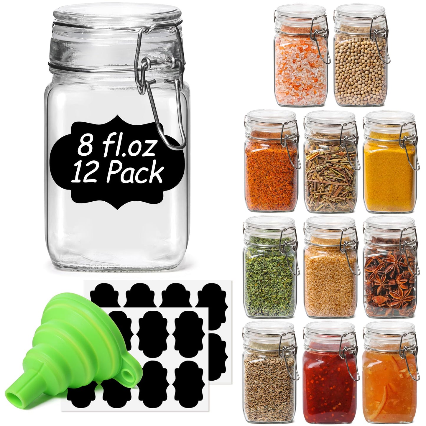 ComSaf Set of 12 Square Glass Jars with Airtight Lids (8 Oz), Pantry Canisters for Spices, Jams, & Herbs, Wire Clamp Jar for Overnight Oats, Pickling, Favors, Includes Labels & Funnel