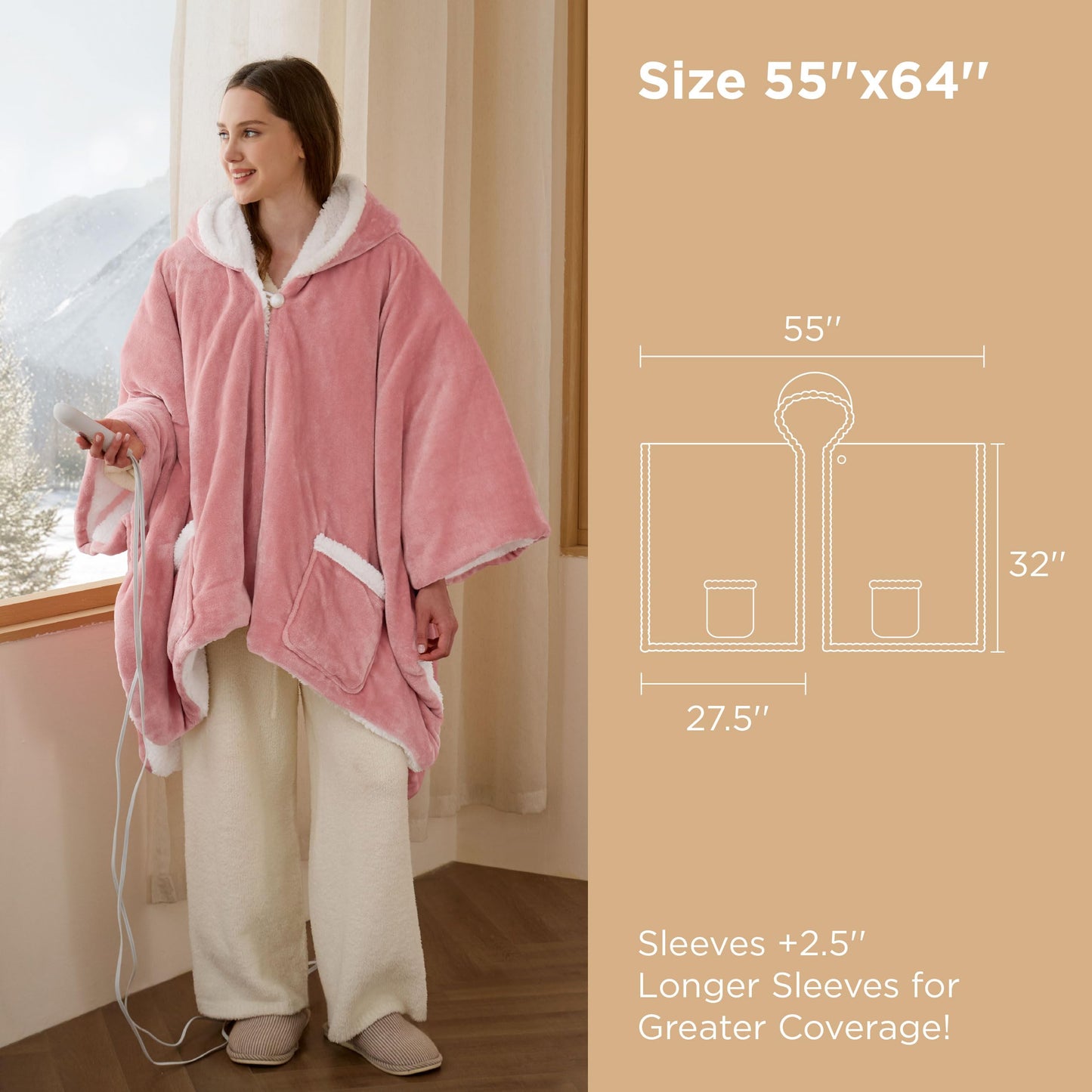 Bedsure Heated Blanket Wearable Shawl - Electric Wrap Poncho Blanket Hoodie for Adult, Birthday Gifts for Mom Women, Sherpa Heating Throw with 4 Time Settings & 6 Heat Settings, 55x64 inches, Grey