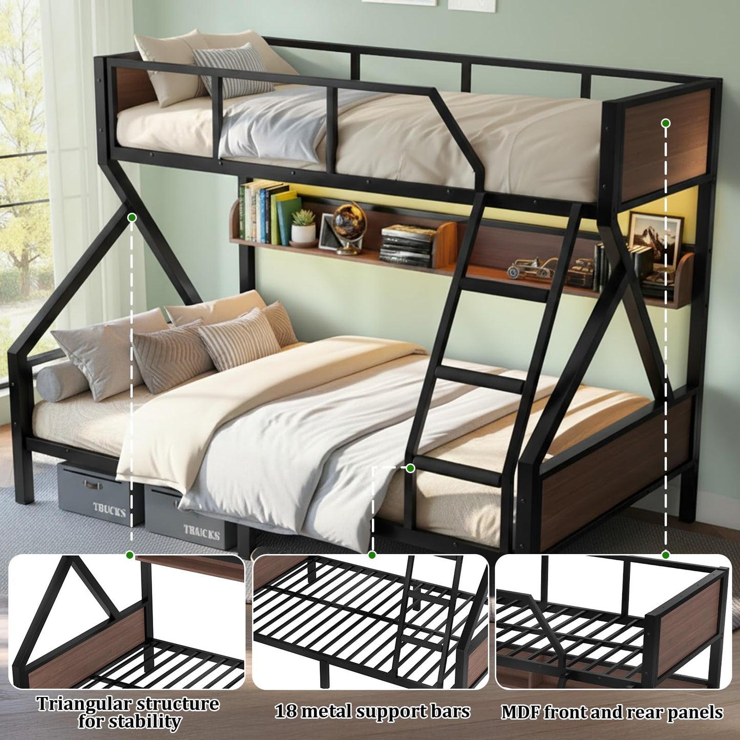 HKOLIE Twin XL Over Queen Bunk Bed with Storage Shelves & LED Lights, Heavy Duty Metal Bunk Bed Frame with Stairs, Noise-Free Design, Space-Saving Bed with Guardrails for Kids, Teens & Adults, Black