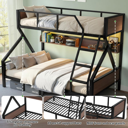 HKOLIE Twin XL Over Queen Bunk Bed with Storage Shelves & LED Lights, Heavy Duty Metal Bunk Bed Frame with Stairs, Noise-Free Design, Space-Saving Bed with Guardrails for Kids, Teens & Adults, Black