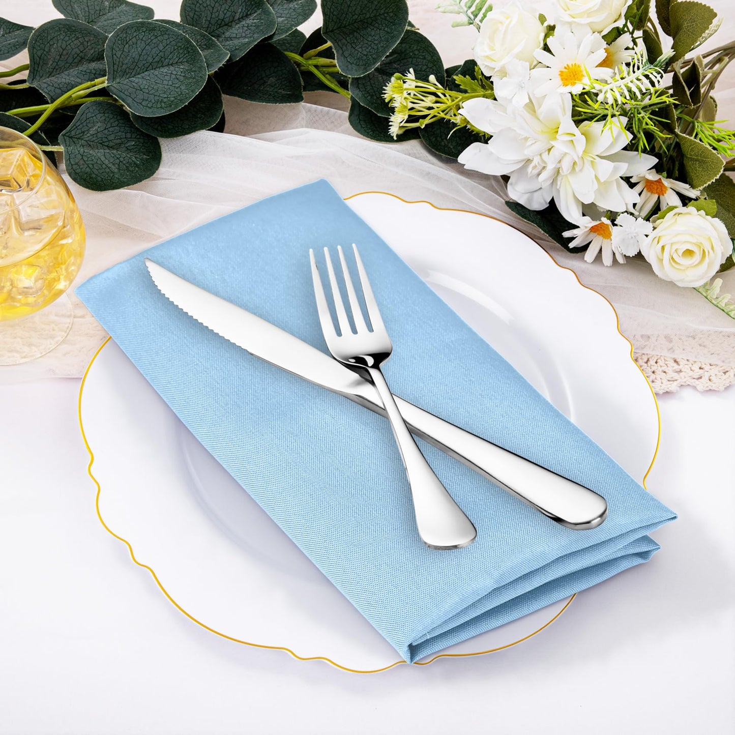 SuperO Set of 120 Cloth Napkins 17 x 17 Inch, Polyester Solid Washable Dinner Napkins with Hemmed Edges,Great for Restaurant, Wedding and Party(Blue Mist)