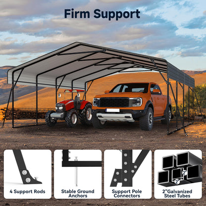 Real Relax 20x20FT Heavy Duty Metal Carport, All-Weather Galvanized Steel Enclosed Car Canopy with Roll-Up Door, Reinforced Base for 2 Cars, Trucks, Boat, Gray