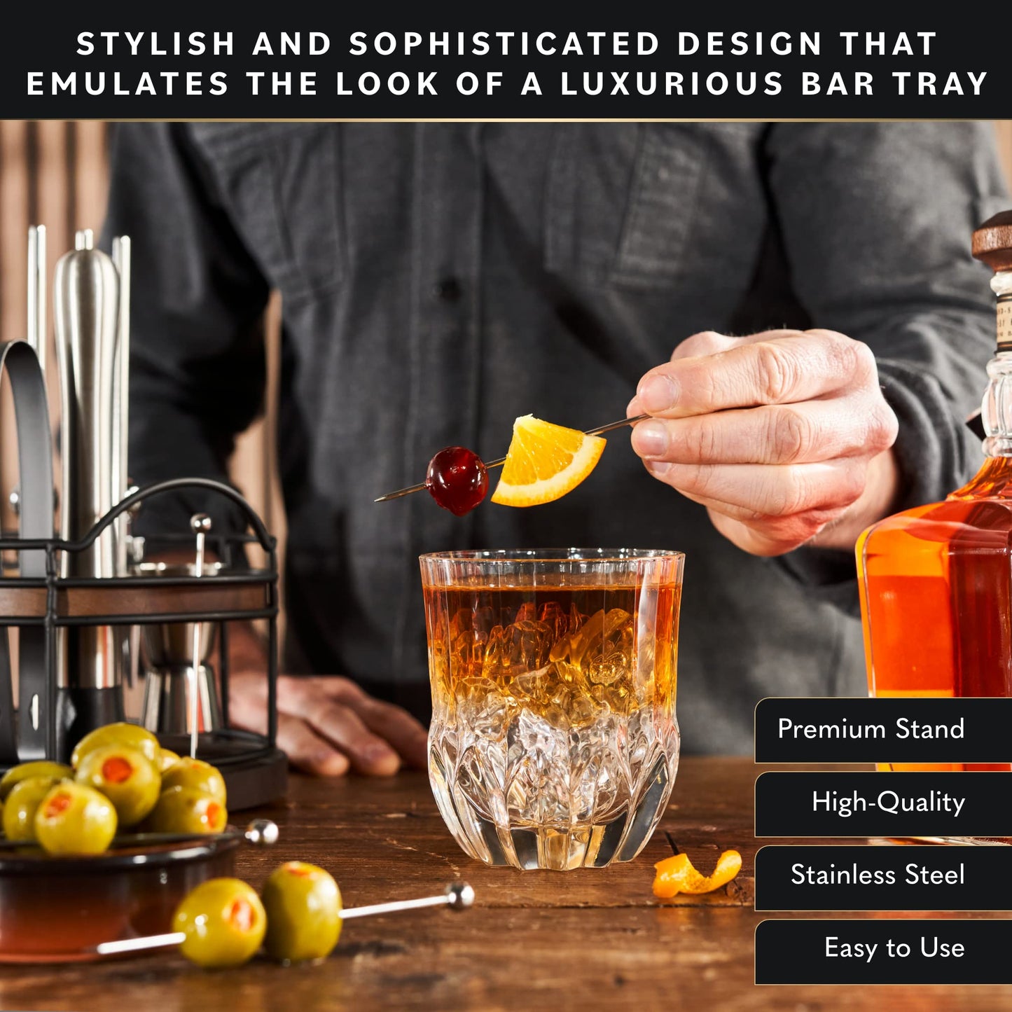 Home Hero Bartender Kit - 22-Piece Cocktail Shaker & Bar Tool Set - Wooden Stand Display & Bar Cart Accessories - Recipe Book & Housewarming Gifts - 22-Pc, Silver