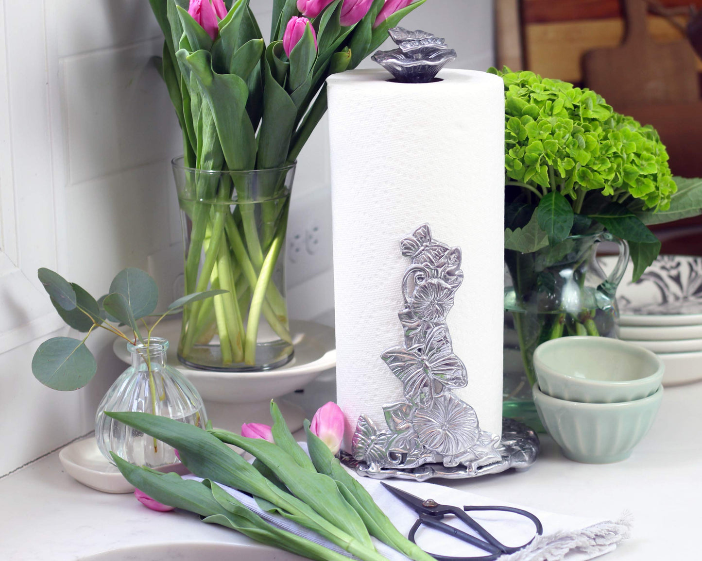 Arthur Court Aluminum Butterfly Garden Decorative Paper Towel Holder Metal Countertop 13 Inch Standing Tall - Freestanding Weighted Base Paper Towel Holders