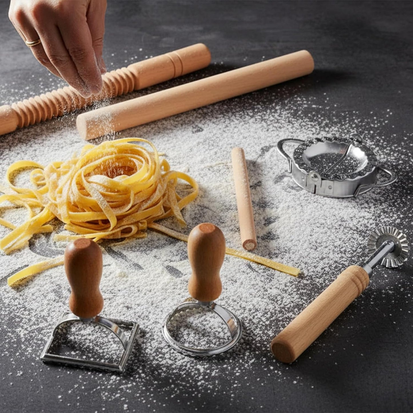 11 Set, Pcs Pasta Making Tools Kit - Pasta Drying Rack, Gnocchi Board,Pasta Cutter, Ravioli Stamps, Wood Threaded Pasta