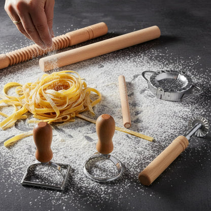 11 Pcs Pasta Making Tools Kit - Pasta Drying Rack, Gnocchi Board,Pasta Cutter, Ravioli Stamps, Wood Threaded Pasta Roller Pin Set, Noodle and Dumplings Maker