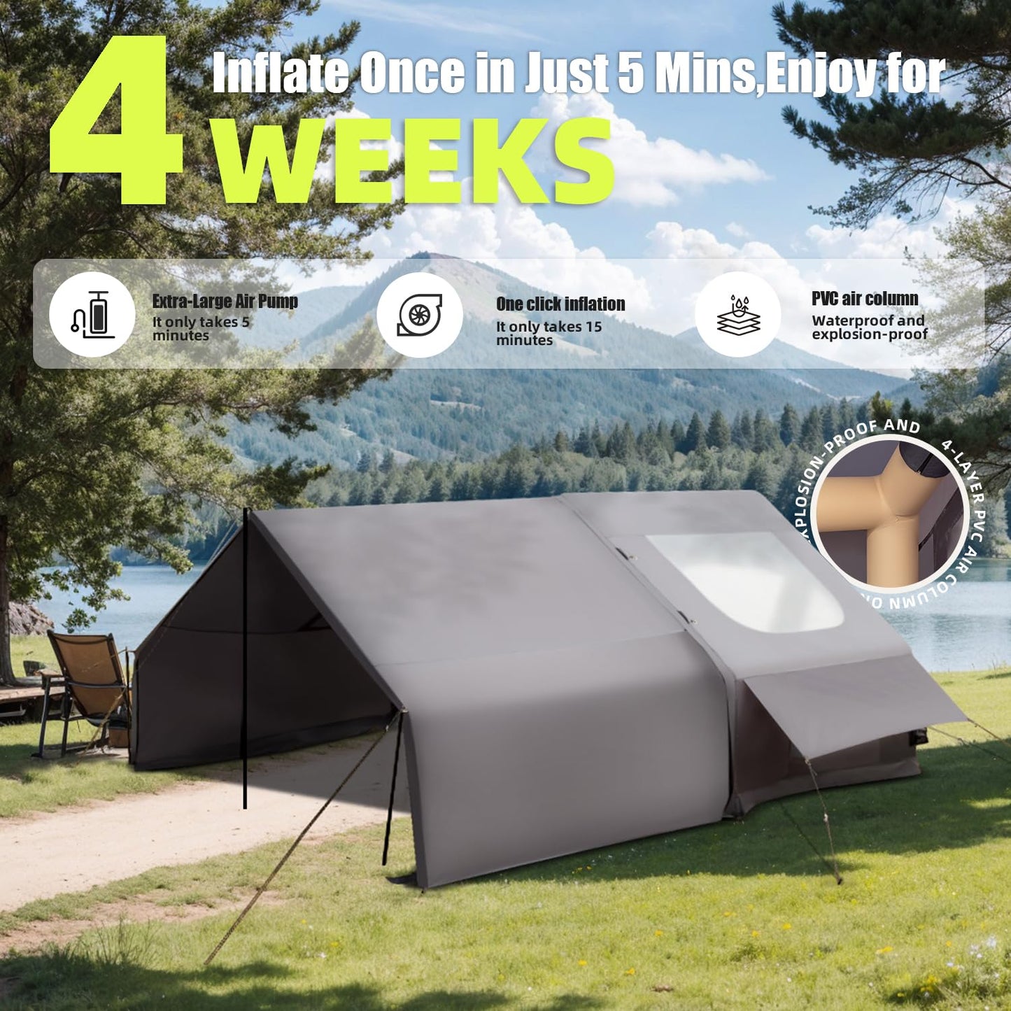 Inflatable Camping Tent Tarps for 4-6 Person, with Electric Air Pump, Extended Canopy, 4 Season Waterproof Windproof, Clear Skylight & 420D Oxford Waterproof, Air Tent with Mesh Windows/Doors