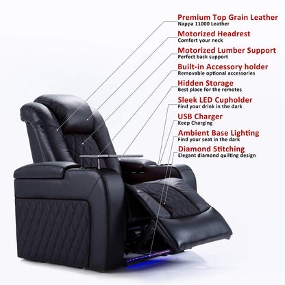 Valencia Tuscany Home Theater Seating | Premium Top Grain Italian Nappa 11000 Leather Power Recliner with Power Lumbar Support & Headrest (Single Recliner, Charcoal Grey)