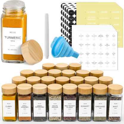 24 4 oz NETANY Pcs Glass Spice Jars with Bamboo Lids, Glass Jars with Minimalist Farmhouse Spice Labels Stickers