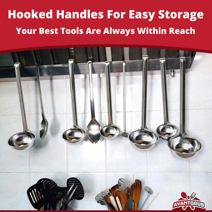 Sturdy, Ergonomic Combo Sizes Ladles 5 Pk. 1 2 4 6 8 Oz Stainless Steel Ladle with Long Handles. Best Kitchen Supplies for Stirring, Portioning and Serving Soup, Chili and Stew in Restaurants and Home