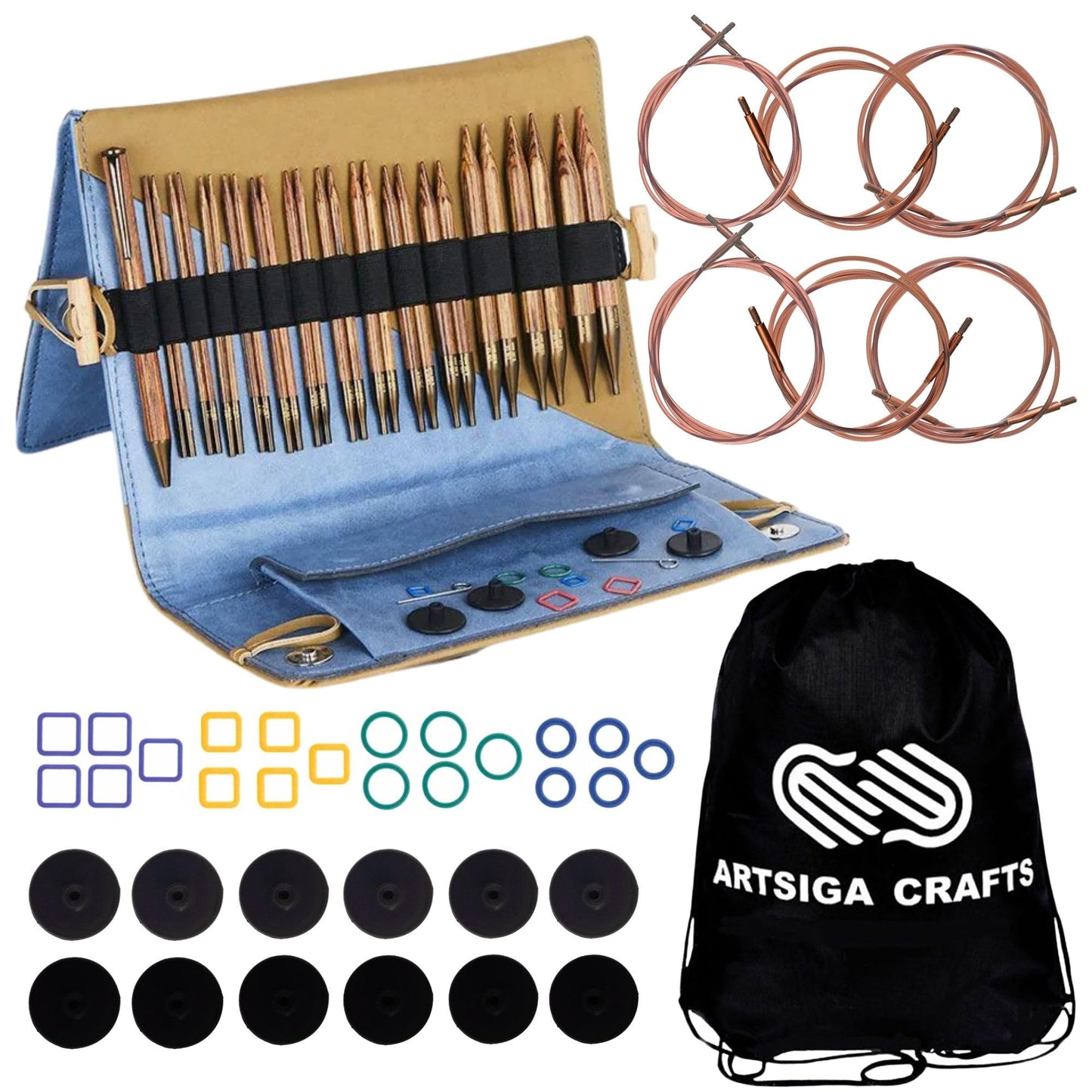 KnitPro Ginger Grande Set 5 inch Circular Knitting Needles Size 3, 4, 5, 6, 7, 8, 9, 10, 10.5, 11, 13, 15, 17 Interchangeable, 6 Cables & More, Fabric Case with Project Bag