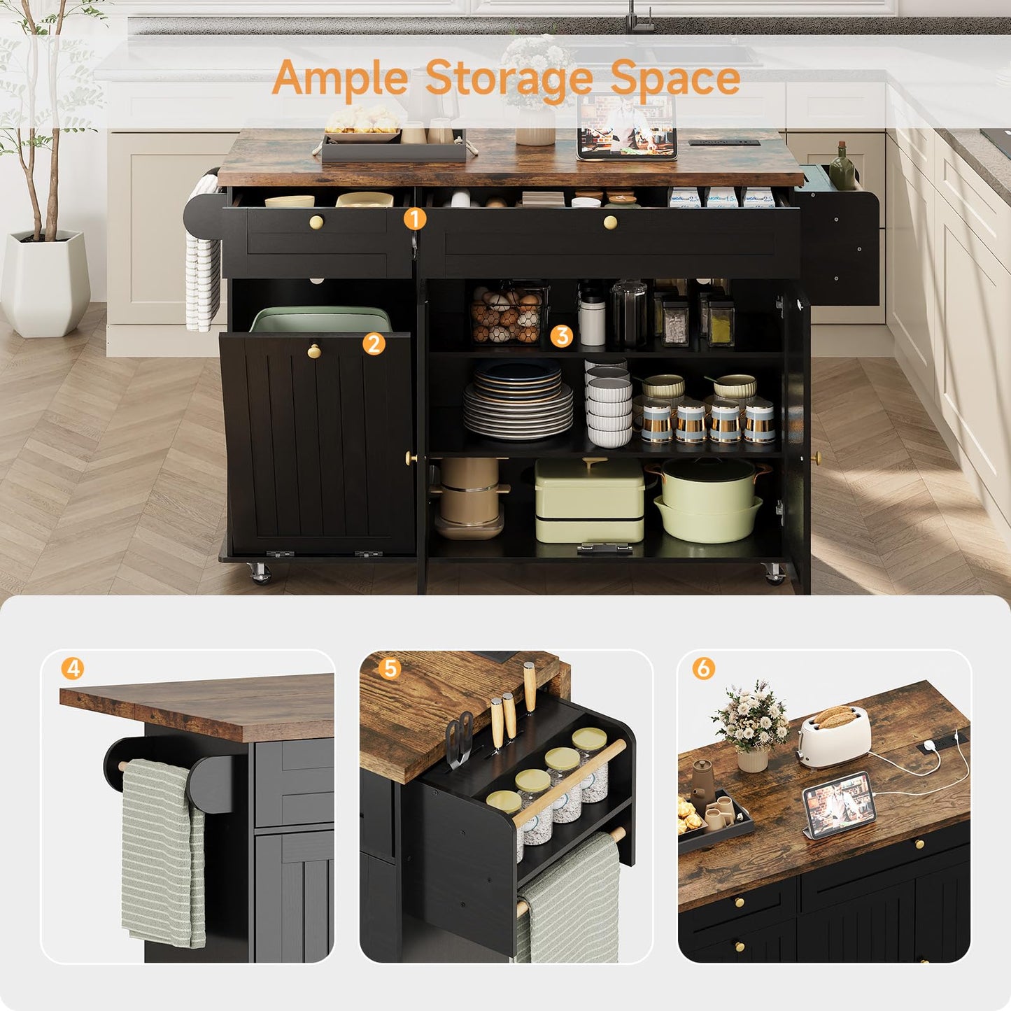 ComfyCorner 60" Rolling Large Kitchen Island on Wheels with Extendable Table, Drop Leaf & Power Outlet, Mobile Kitchen Cart with Storage Cabinet, 2 Drawers, Spice Rack, Towel & Knife Holder, Black