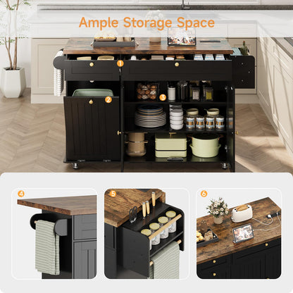 ComfyCorner 60" Rolling Large Kitchen Island on Wheels with Extendable Table, Drop Leaf & Power Outlet, Mobile Kitchen Cart with Storage Cabinet, 2 Drawers, Spice Rack, Towel & Knife Holder, Black