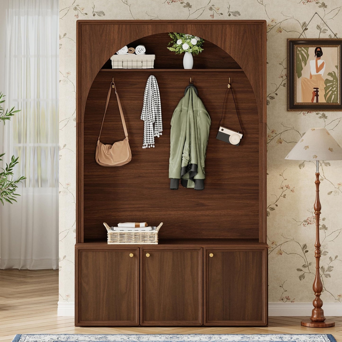 roomfitters Modern Arched Entryway Hall Tree with 3 Storage Cabinets, Upper Shelf and Coat Hooks for Mudroom, Walnut