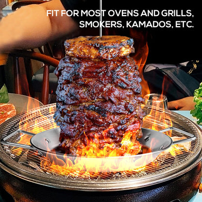 Fengzhe Al Pastor Skewer for Grill: Extra Large 13" Stainless Steel Vertical Skewer, Brazilian Spit Stand with 4 Spikes, 2 Brushes, for Tacos Al Pastor, Shawarma, Kebabs, with Fat Separator Tray