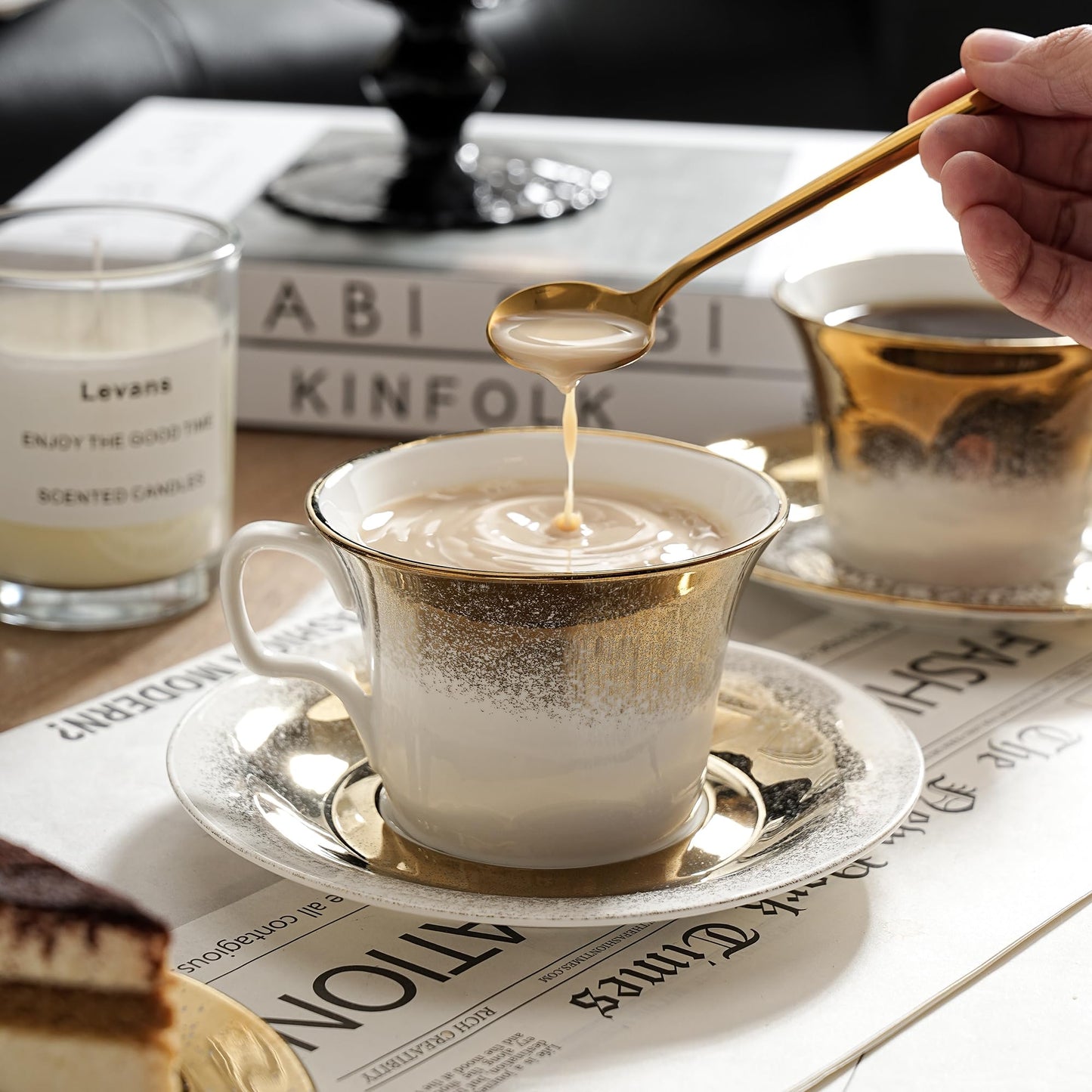 Andaliz Tea Cups and Saucers Set of 2 with Gold Spoon, Ceramic Coffee Cups with Matching Plates, Handcrafted Gold & Silver Glaze, Luxury Cup & Saucer Gift Set with Box, 5oz