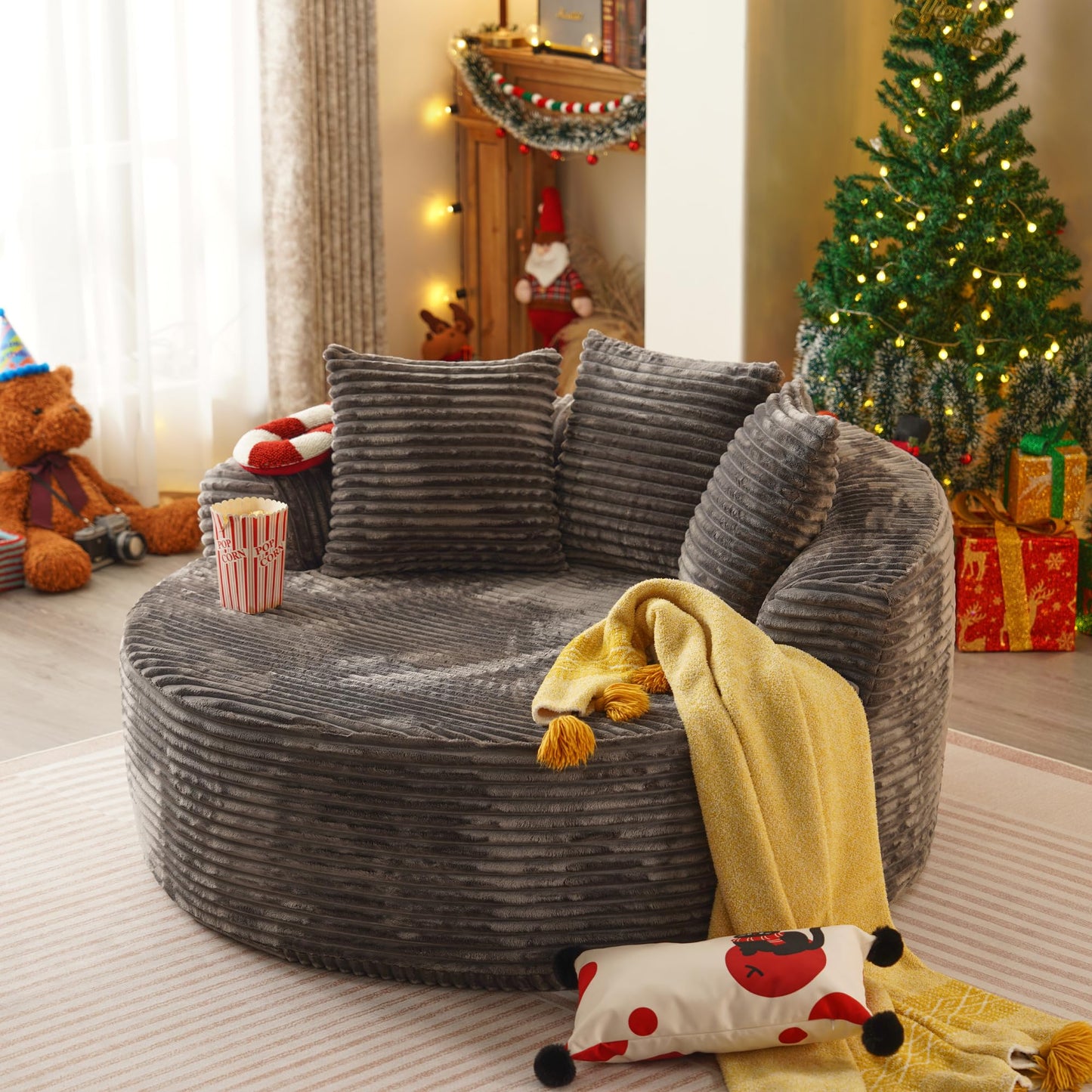 58” Oversized Upholstered Sofa Bed, Round Chaise Lounge Chair Indoor, Fluffy Plush Chaise Lounge, Modern Chenille Cloud Couch with Deep Seat, Comfy Bean Bag Chiar for Living Room Apartment