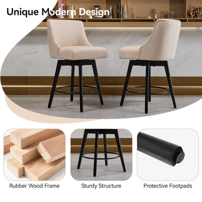 Vipbear Counter Height Bar Stools Set of 3, 26" H Swivel Bar Stools with Backs, Linen Fabric Upholstered Bar Chairs with Solid Wood Legs for Kitchen Island, Dining Room, Home Bar, Beige