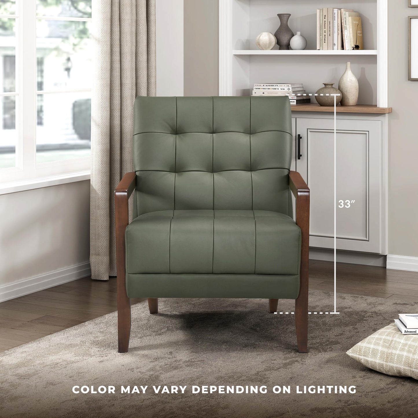 Lexicon Modern Accent Chair, Luxury Genuine Leather Match Living Room Chair with Tufted Cushions, Solid Wood Frame and Arm Rest, Comfy Upholstered Single Seat for Bedroom/Reading/Office, Green