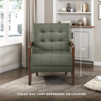 Lexicon Modern Accent Chair, Luxury Genuine Leather Match Living Room Chair with Tufted Cushions, Solid Wood Frame and Arm Rest, Comfy Upholstered Single Seat for Bedroom/Reading/Office, Green
