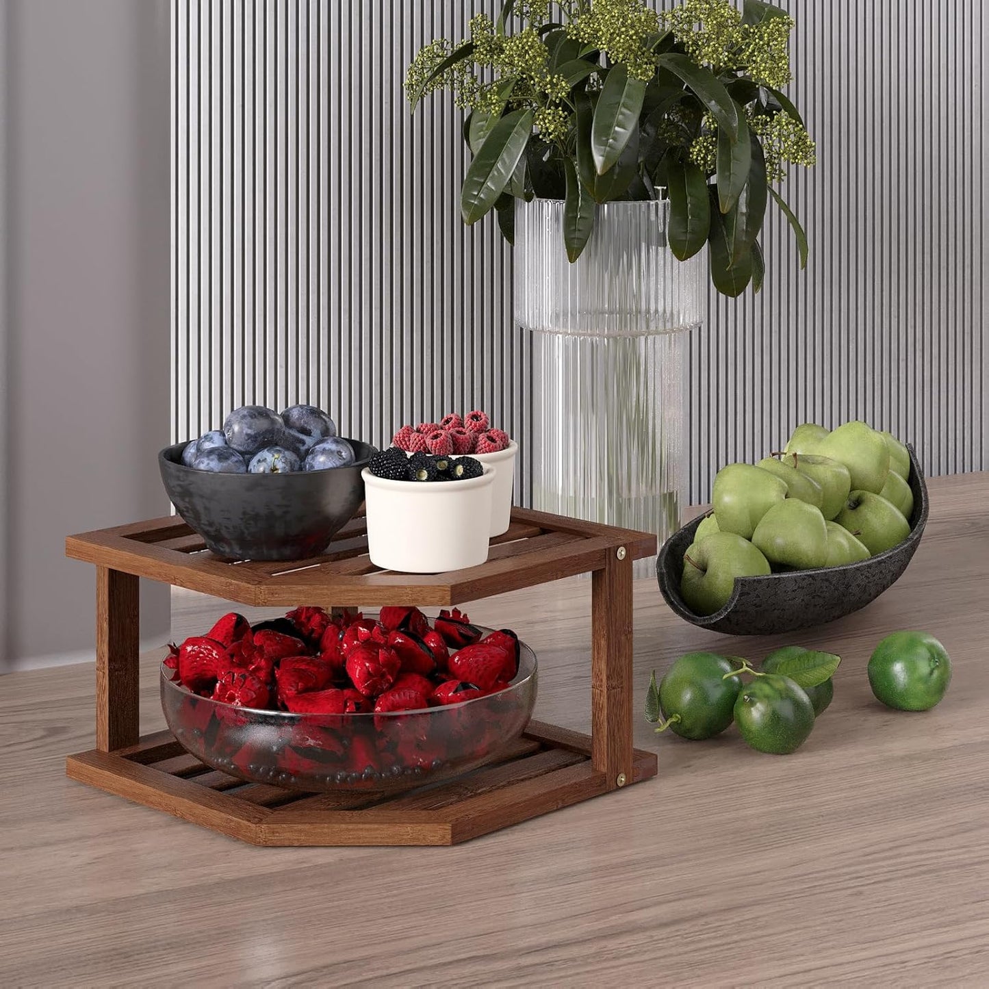 Shelf,2 Countertop,Pantry VERTORGAN Bamboo Corner Tier Plate Organizer for Cabinet and Dish and Spice Rack