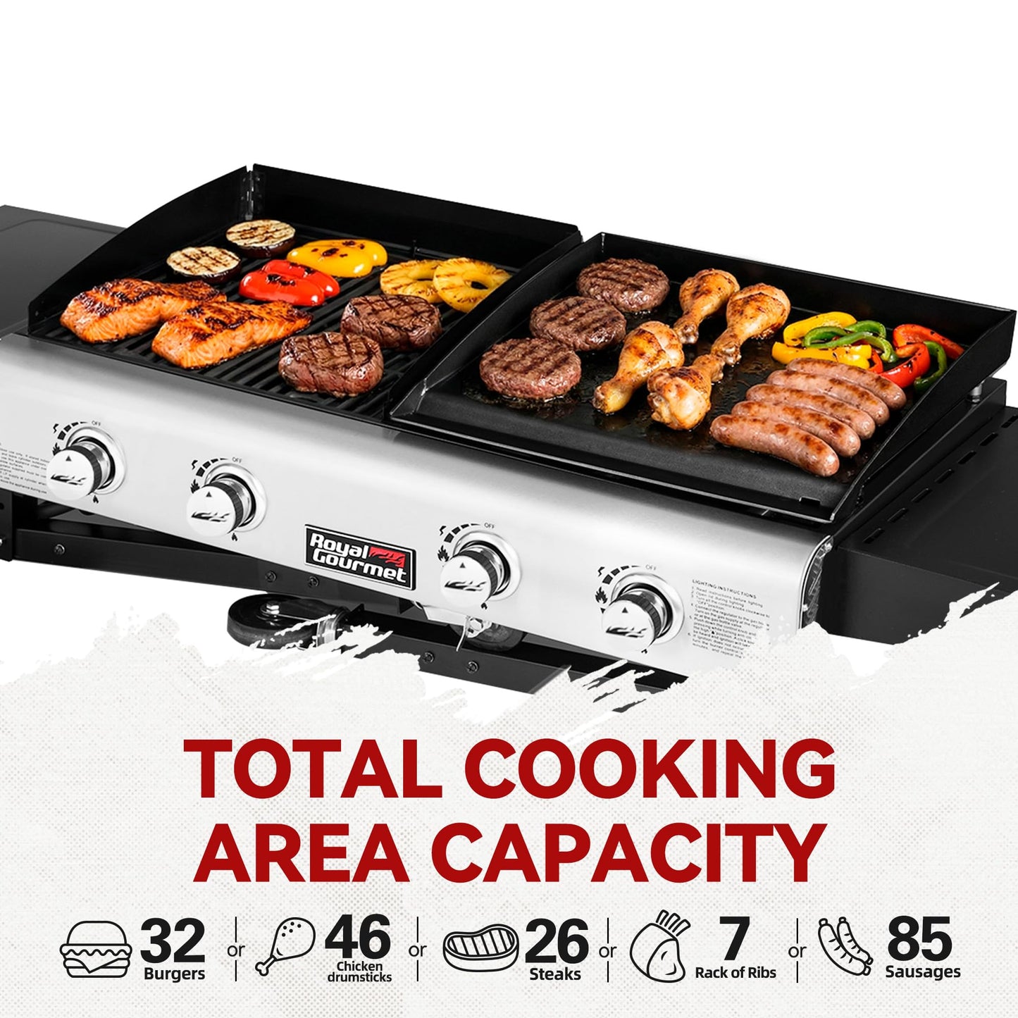 Royal Gourmet GD401 Portable Propane Gas Grill and Griddle Combo with Side Table | 4-Burner, Folding Legs,Versatile, Outdoor | Black 66 Inch