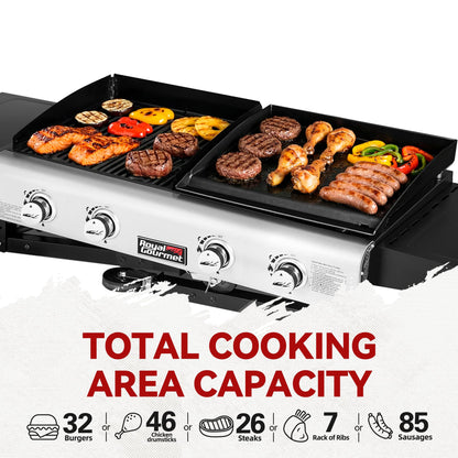 Royal Gourmet GD401 Portable Propane Gas Grill and Griddle Combo with Side Table | 4-Burner, Folding Legs,Versatile, Outdoor | Black 66 Inch