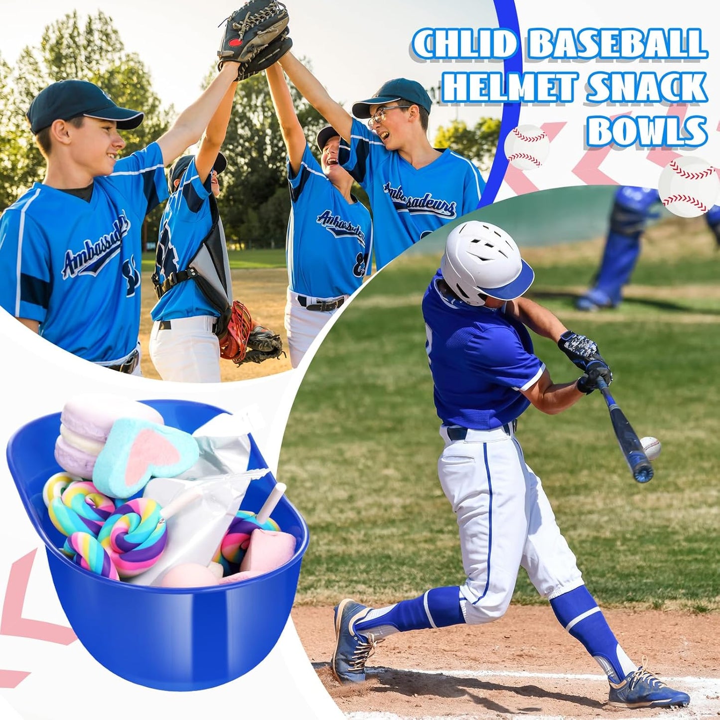 Baseball Helmet Ice Cream Snack Bowl, 8 oz Mini Baseball Cap Bowls for Kids Party (Dark Blue, 18 Pack)