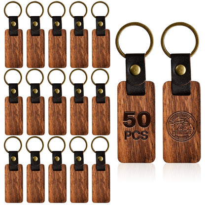 Aemygo 50 Pcs Leather Wood Keychain Blank, Wooden Keychain Blanks with Leather Strap, Unfinished Wooden Keychains bulk for DIY Craft, Laser Engraving