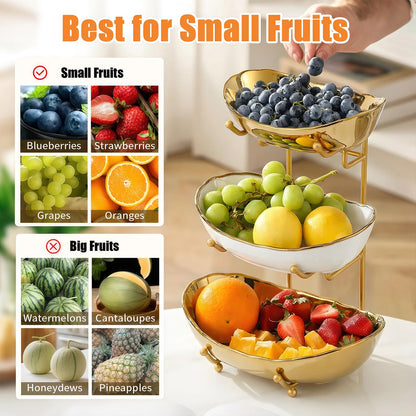 HOMKULA Ceramic Fruit Bowl for Kitchen Counter - 3 Tier Fruit Basket with Metal Stand, Tiered Fruit Stand for Countertop, Snack, Nuts, Cake, Dessert, Small & Cute (Gold & White,Small) 2