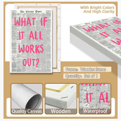 Retro Newspaper Poster by What If It All Works Out - Pink Font Canvas Wall Art | Positive Affirmation Decor 24x36in