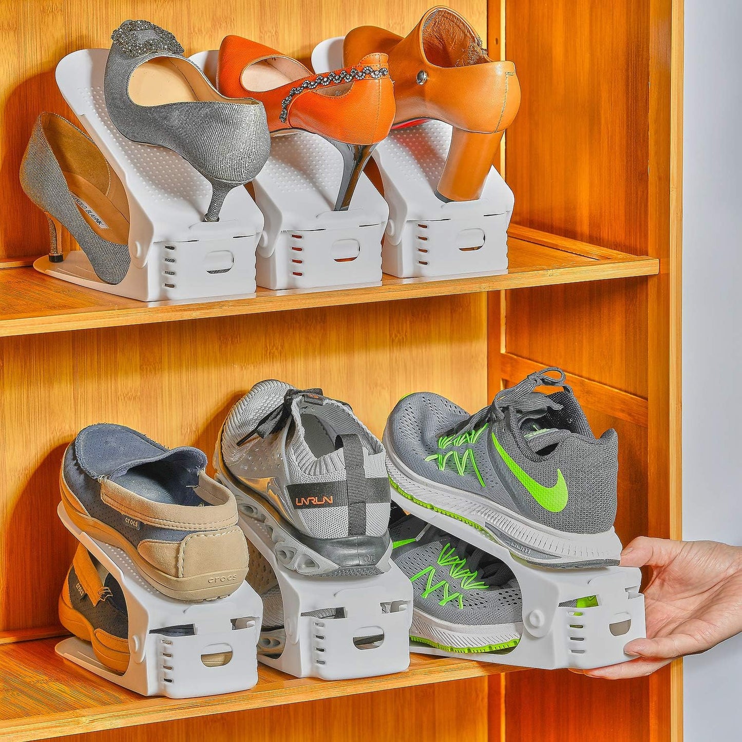 12PCS 50% Shoe Slots Organizer, Adjustable Double Layer Stack Shoe Rack, Space-Saving Storage Rack Holder, White