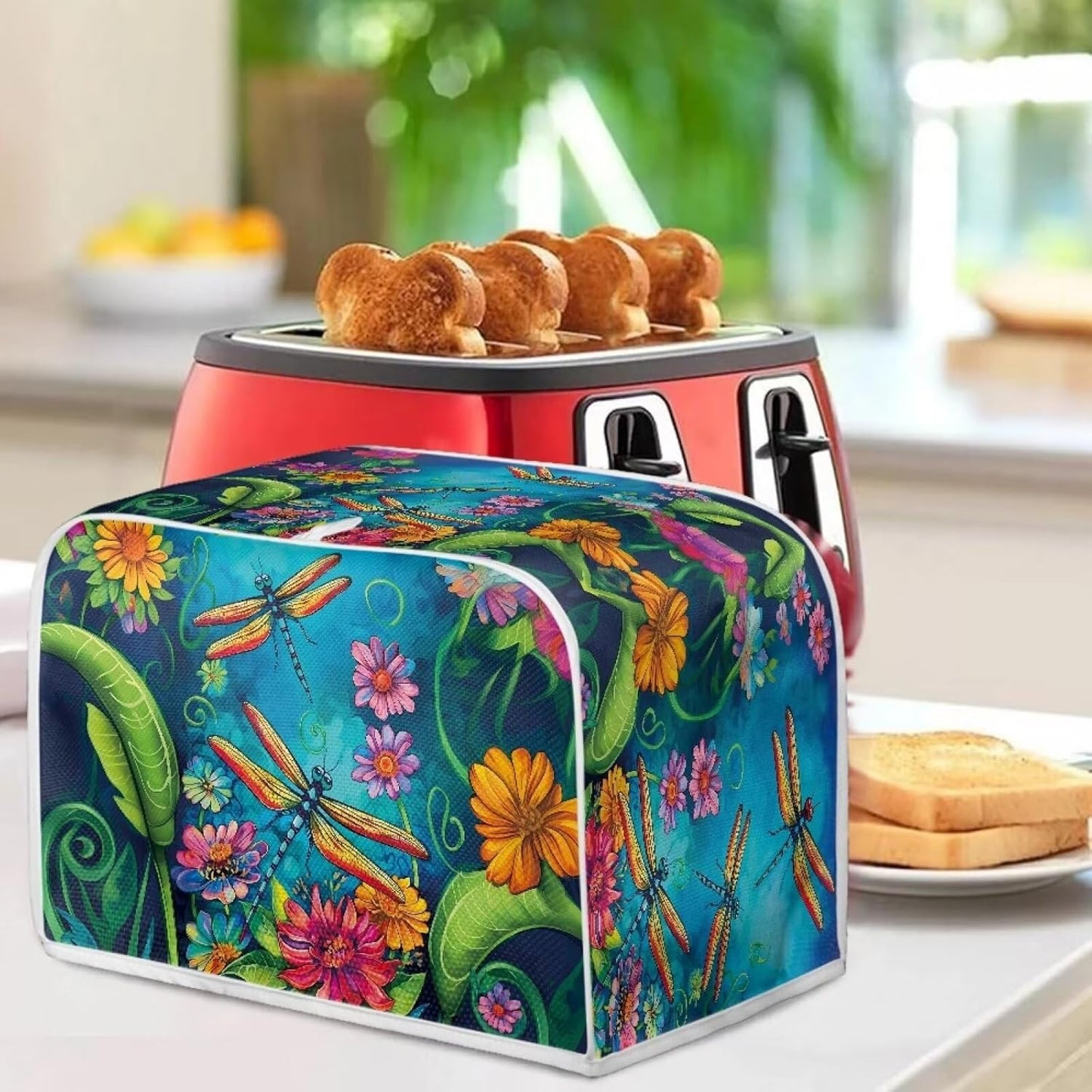 Dragonfly Flower Printed Toaster Cover, 2 Slice Long Slot, Washable Dust Protection for Kitchen Small Appliances